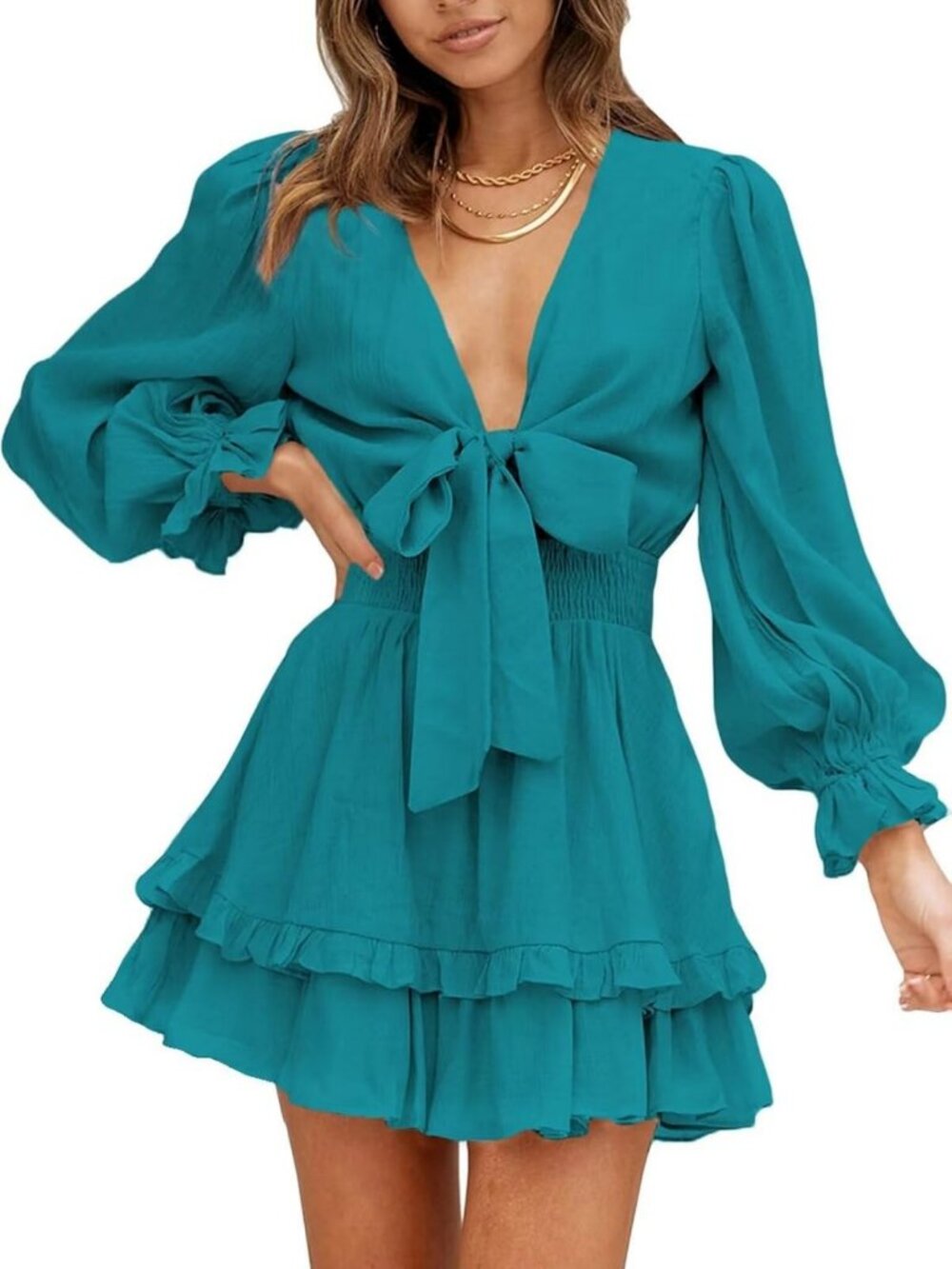 Chic Deep V Neck Knotted Tiered Chiffon Mini Dress - Casual Spring/Fall Style